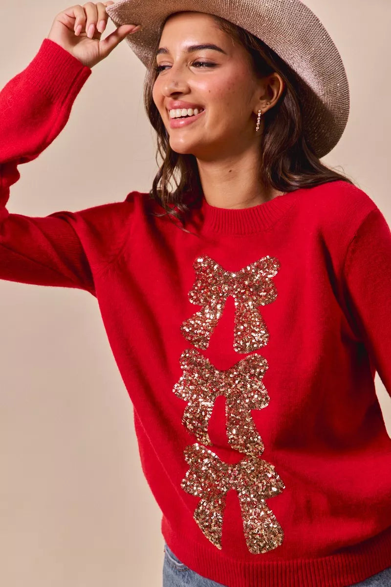 Kersttrui Rood met Pailletten en Strik Design