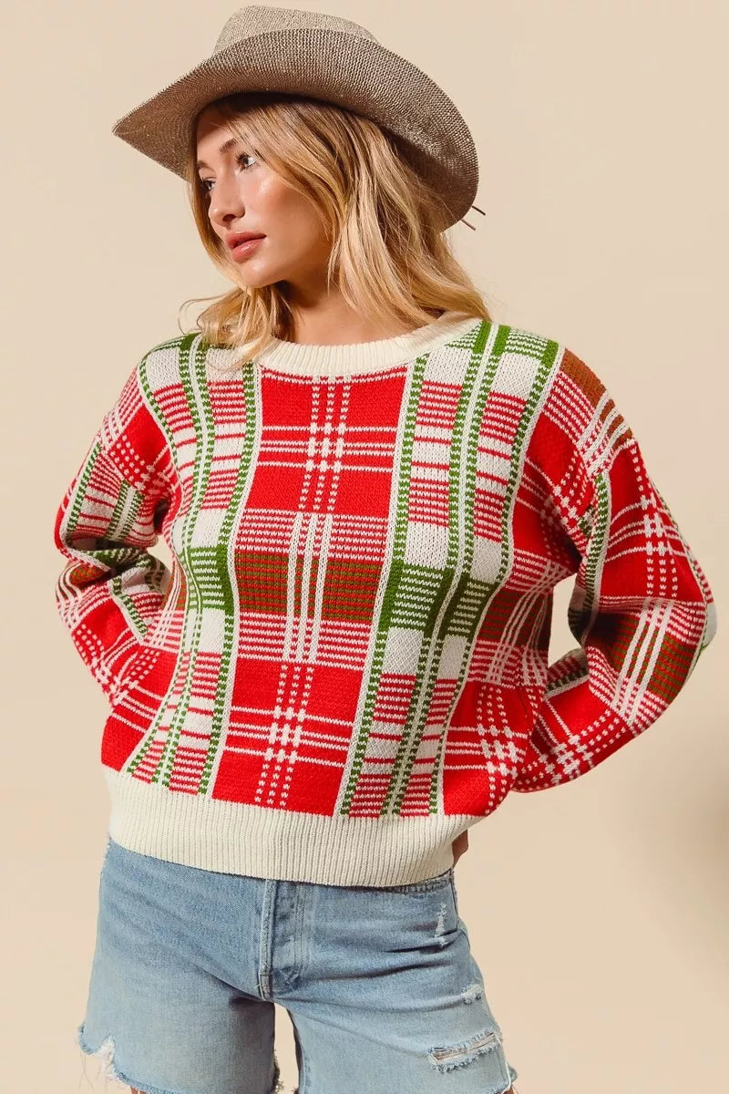 Kersttrui Rood Groen Geruit Ronde Hals Warm
