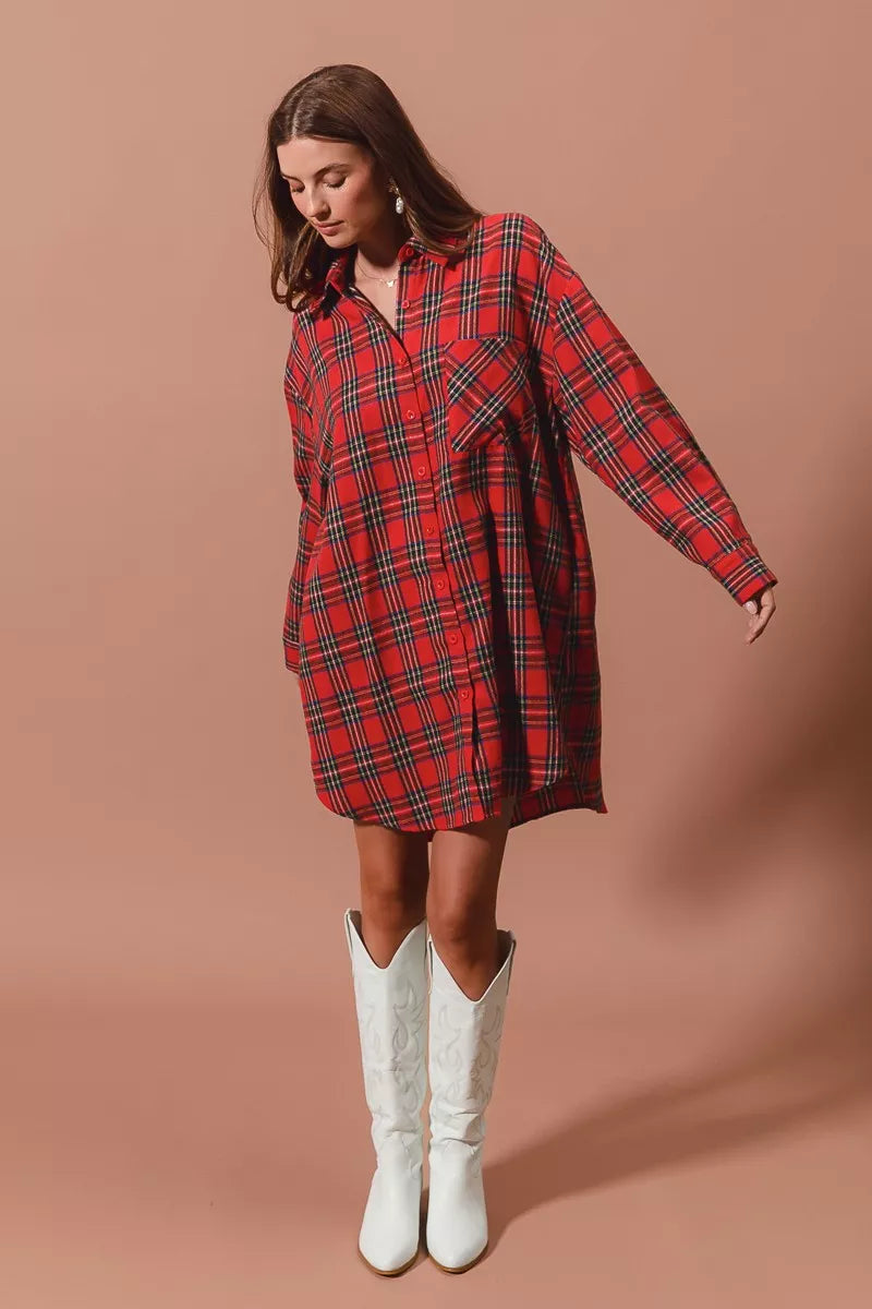 Rode Kerst Jurk Ruitpatroon Oversized Blouse Stijl