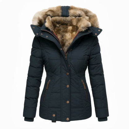 Dames Winterjas Warm Bontvoering Getailleerd Met Capuchon