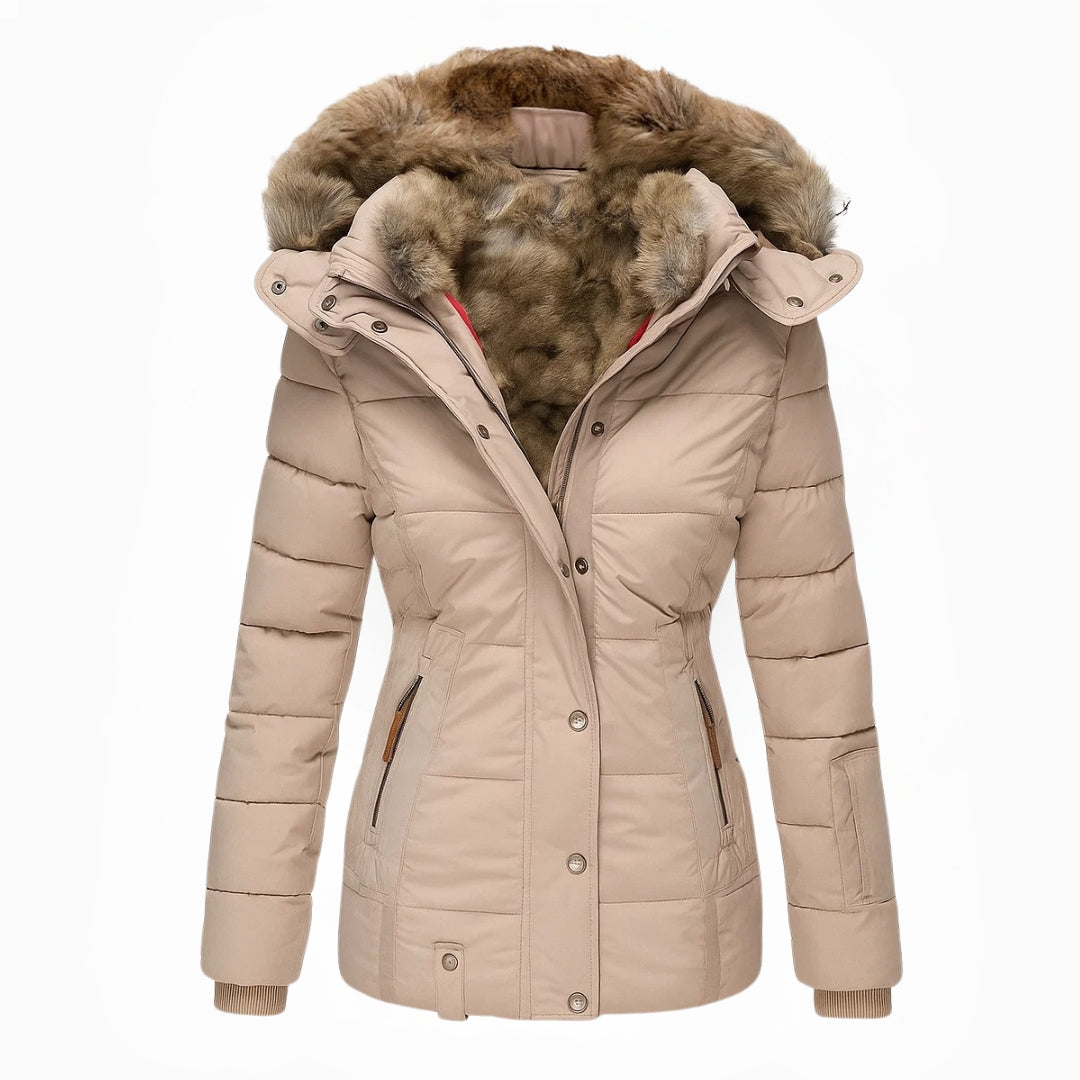 Dames Winterjas Warm Bontvoering Getailleerd Met Capuchon