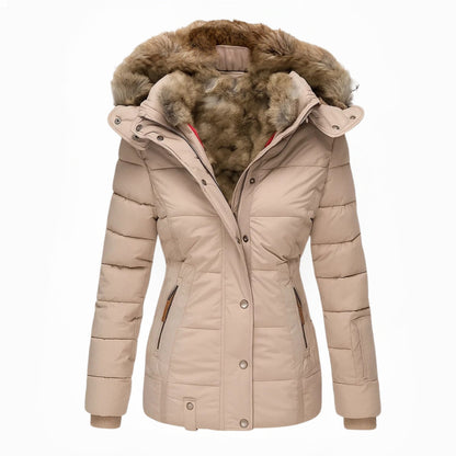 Dames Winterjas Warm Bontvoering Getailleerd Met Capuchon