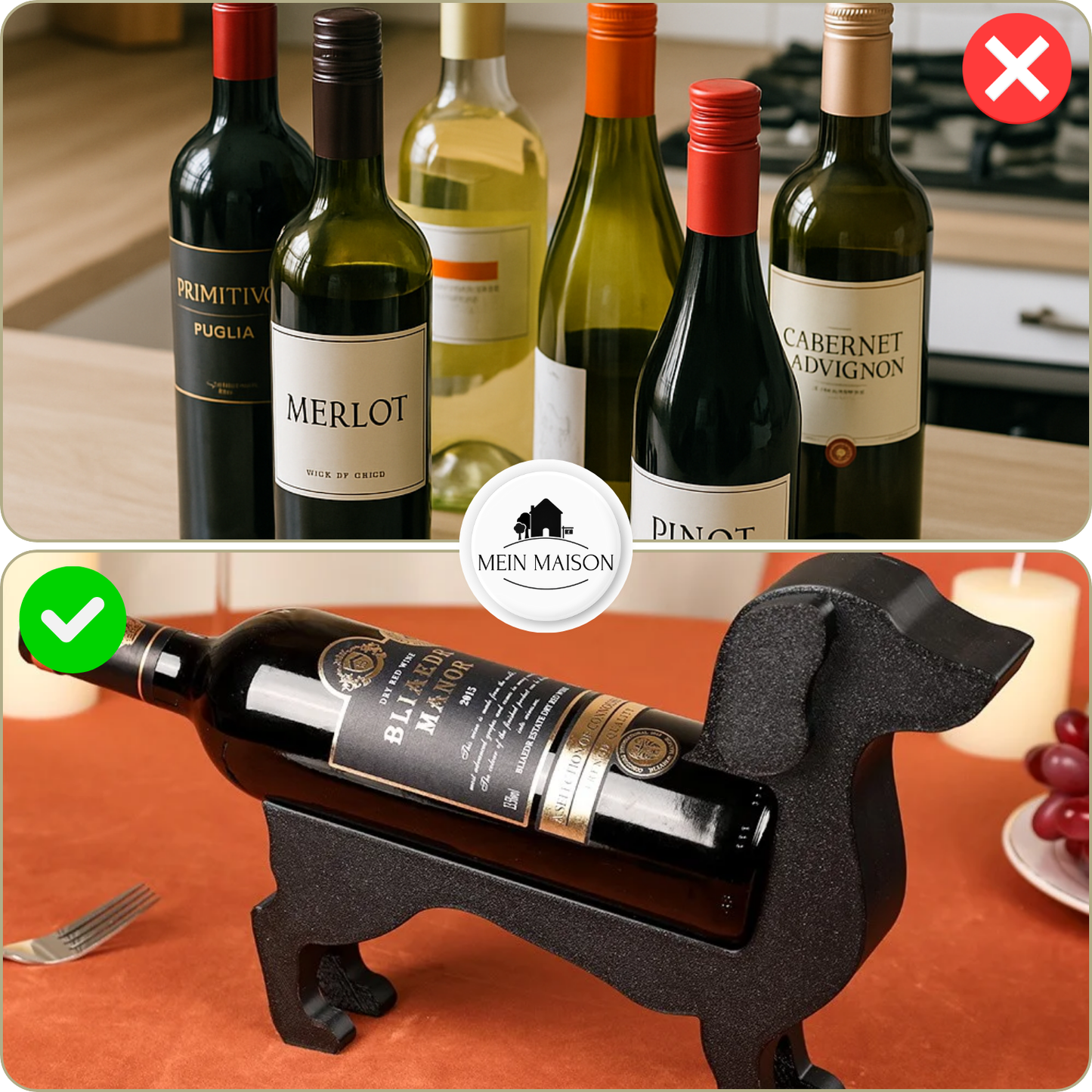 Wijnfles Houder Teckel Houten Design Stevig voor 375-500ml