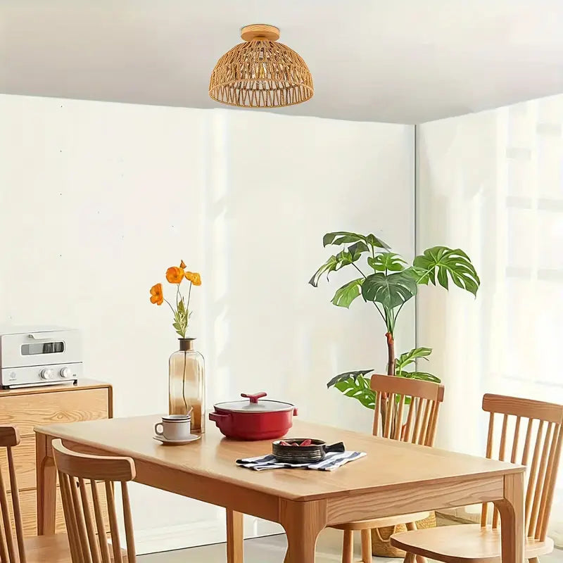 Rotan Plafondlamp Handgeweven Boho Stijl Houten Basis