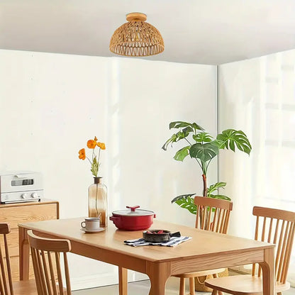 Rotan Plafondlamp Handgeweven Boho Stijl Houten Basis