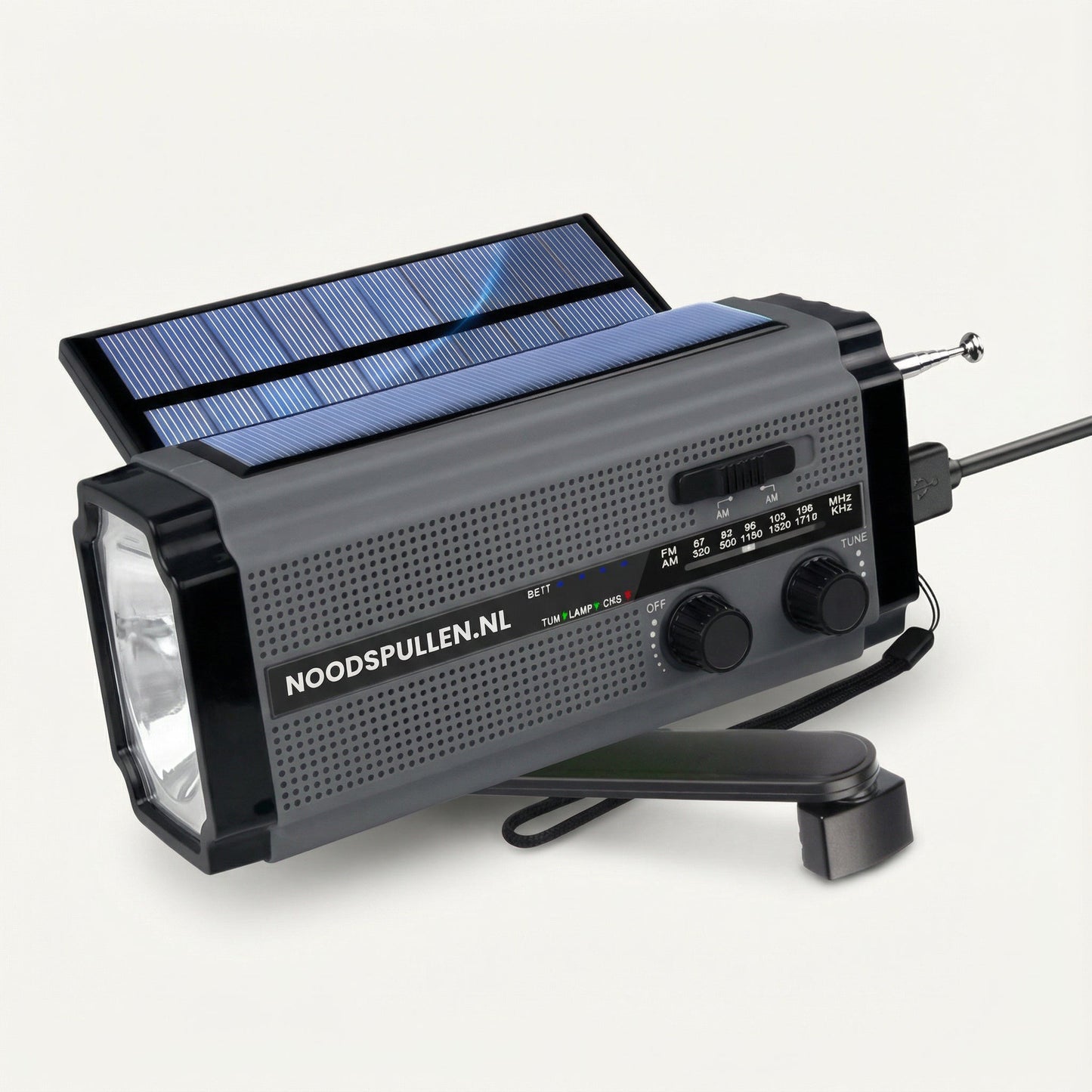 Noodradio met Dynamo, Zonnepanelen en Powerbank Zaklamp