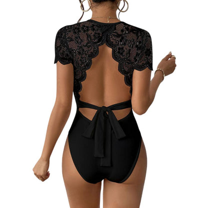 Vrouwelijke Bodysuit Korte Mouw Zwart of Wit Kanten Thong