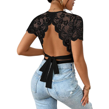 Vrouwelijke Bodysuit Korte Mouw Zwart of Wit Kanten Thong