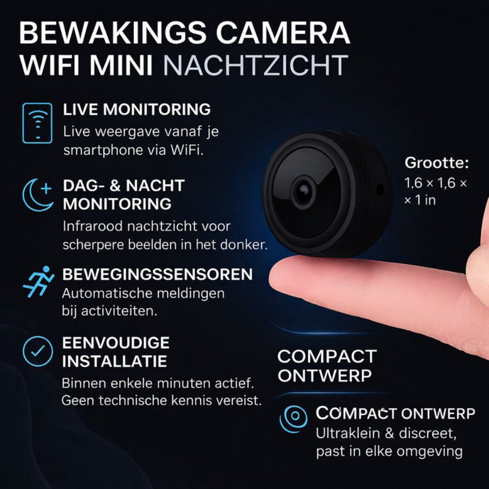 Wifi Beveiligingscamera Mini met Nachtzicht en Draadloze Bewaking