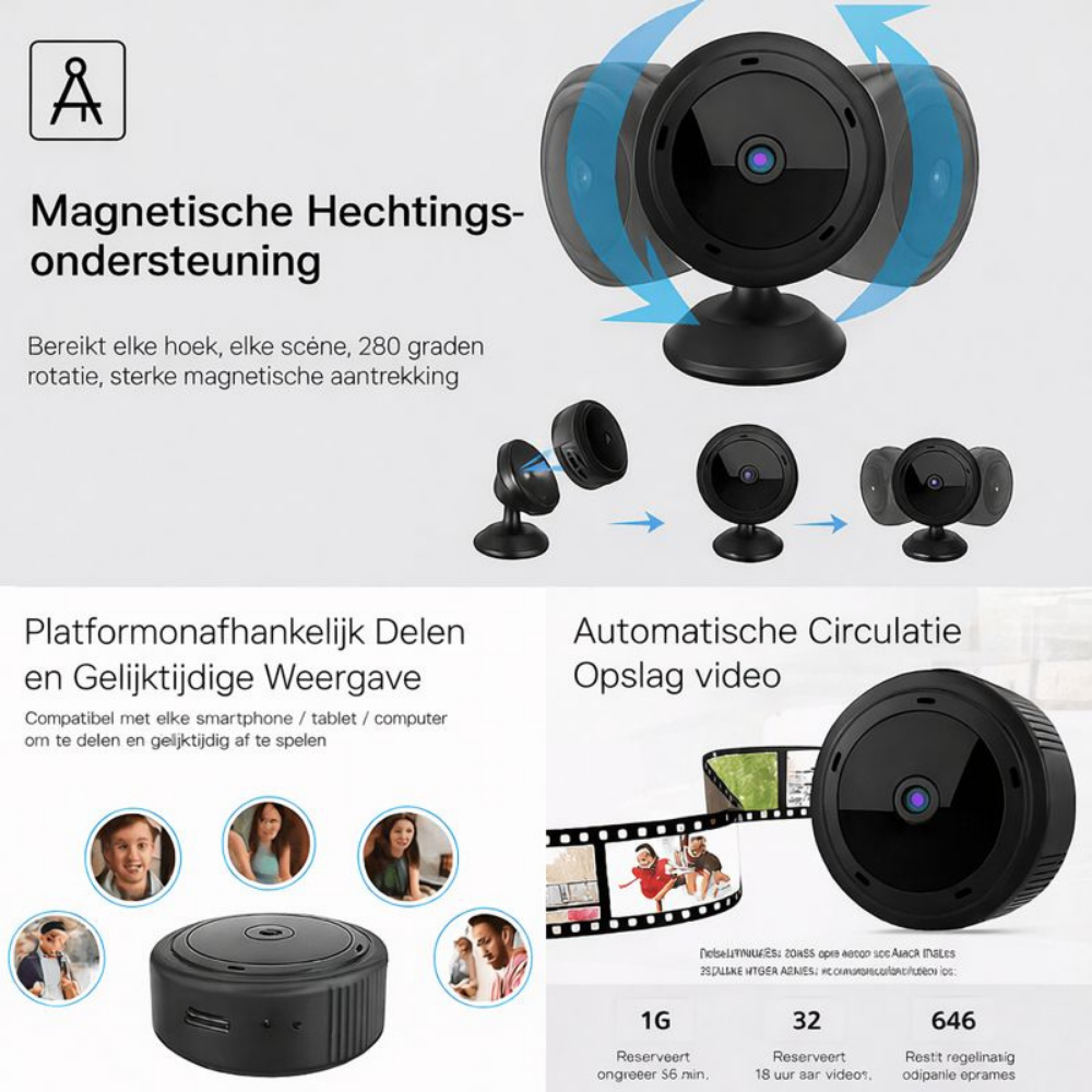 Wifi Beveiligingscamera Mini met Nachtzicht en Draadloze Bewaking