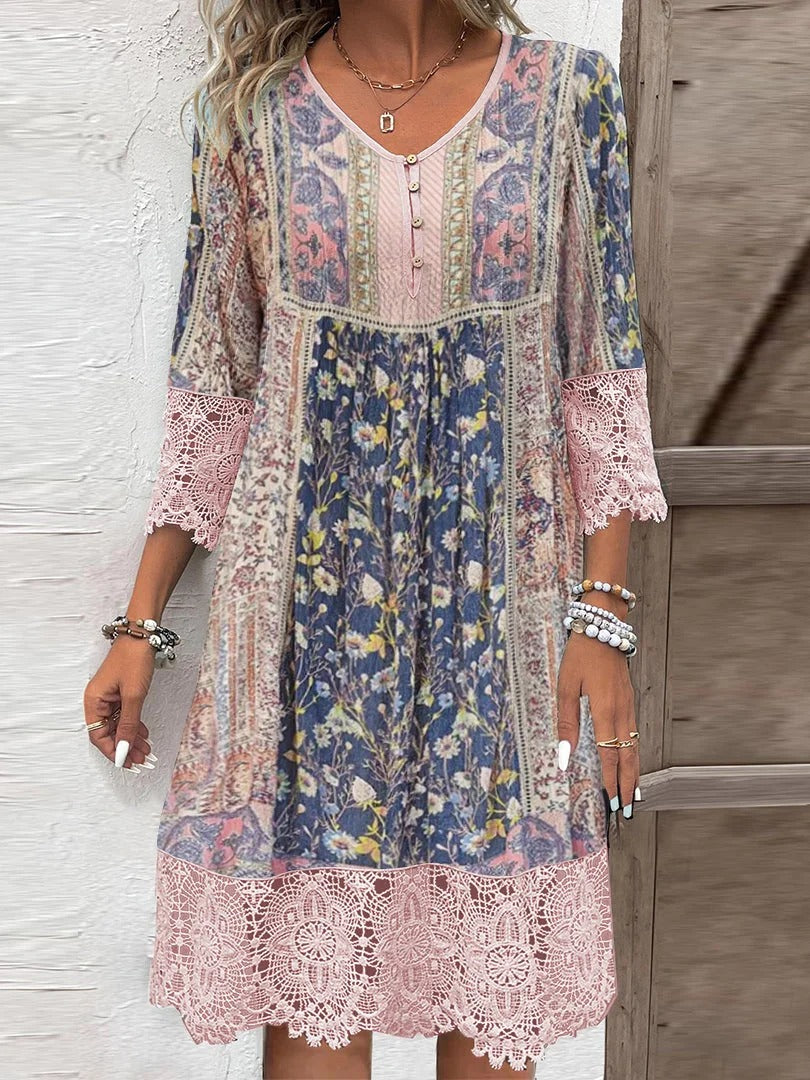 Bianca™ – Dames Midi Jurk met Vintage Patchworkprint en Kantdetails