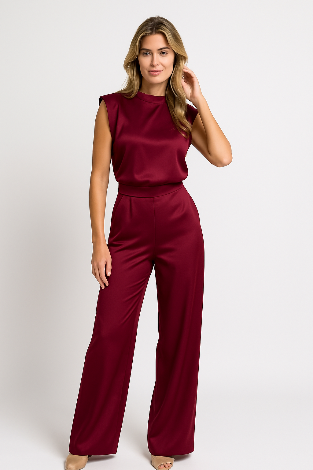Dames Jumpsuit Satijn Look Open Rug Wijde Pijpen