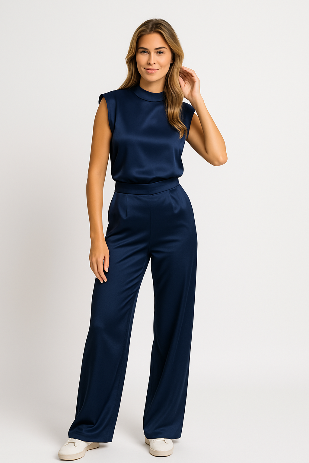 Dames Jumpsuit Satijn Look Open Rug Wijde Pijpen