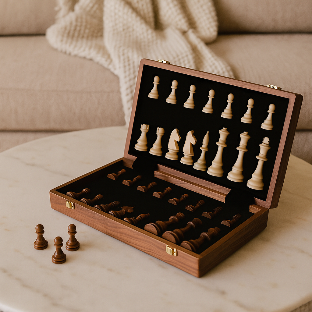 Houten Schaakset met Opklapbaar Bord en Opbergruimte - Velinix