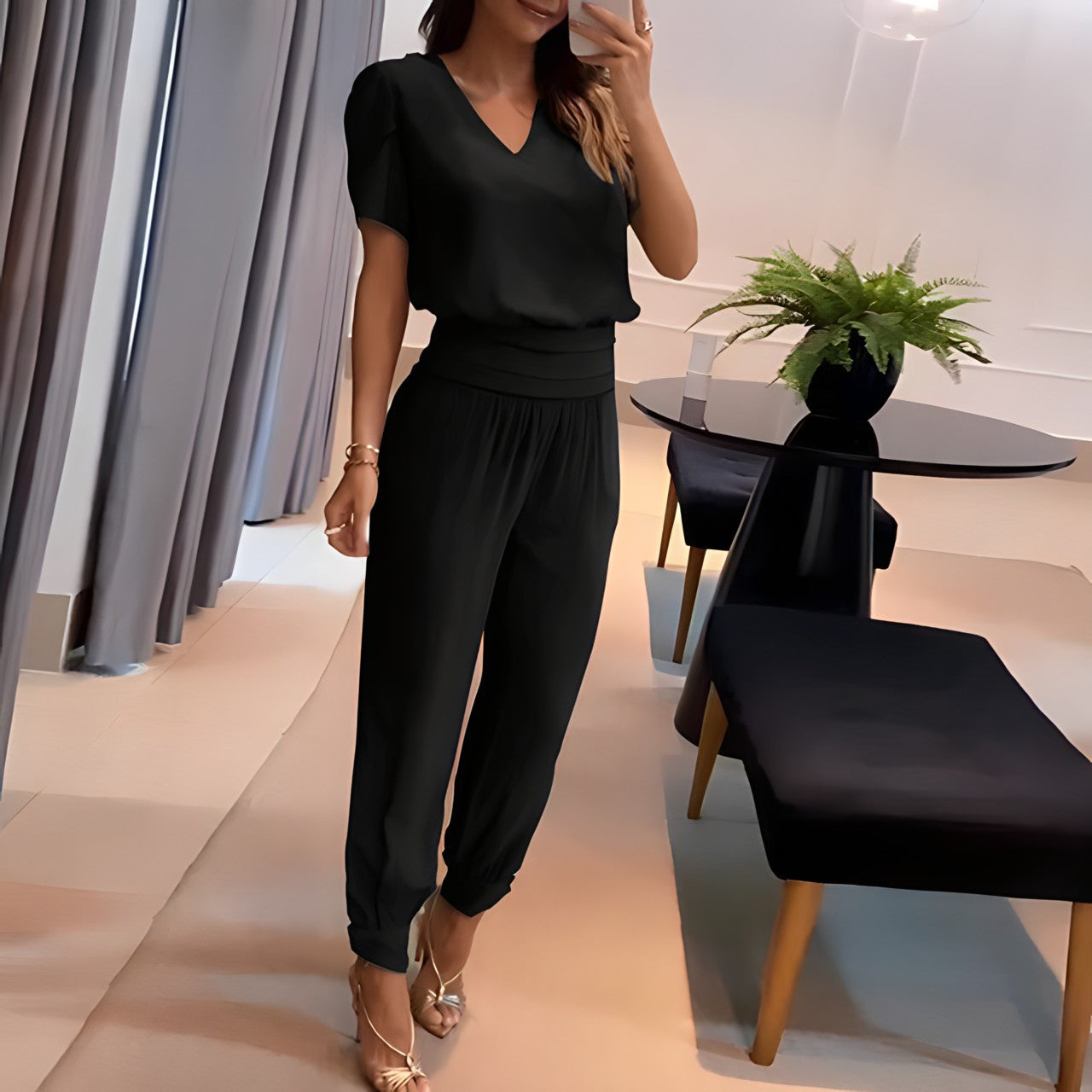 Vrouwelijke Blouse en Broek Set Trendy Zomeroutfit