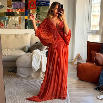 Dames Maxi Jurk Elegant Lange V-Hals Jurk met Plissé - Velinix