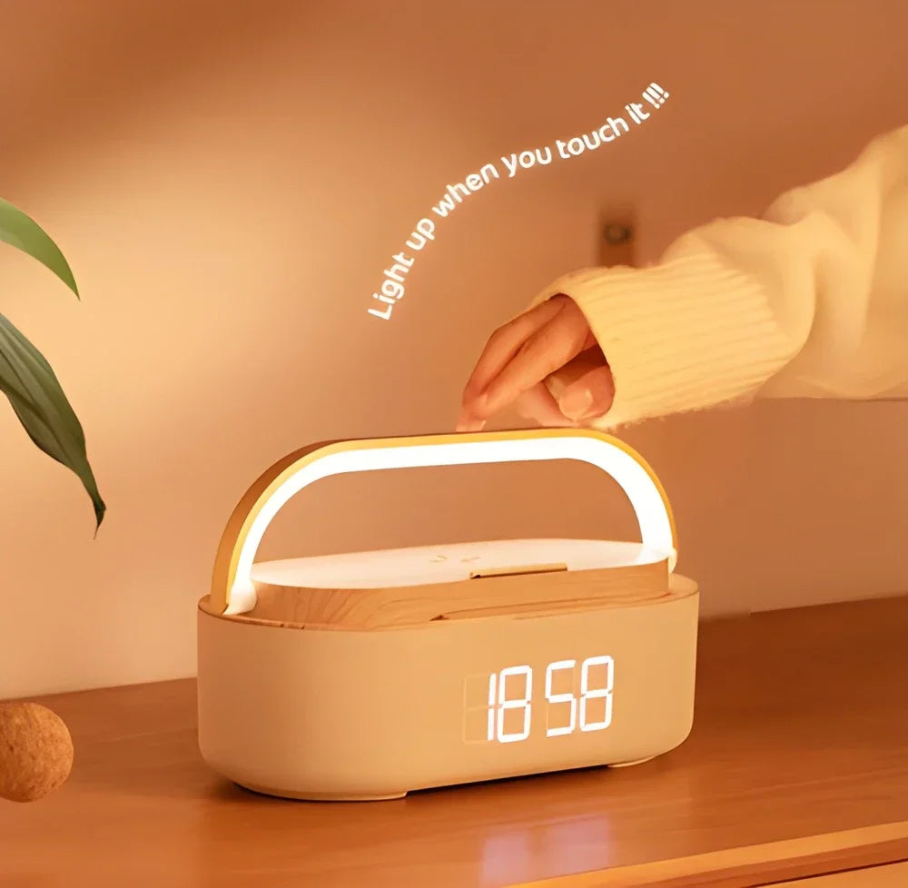 Draadloze Oplader met Klok, Speaker en Lamp voor Nachttafeltje