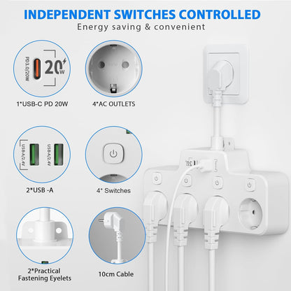 Wandstekkerdoos met 2 USB A en 1 USB C, Draaibaar en Schakelbaar