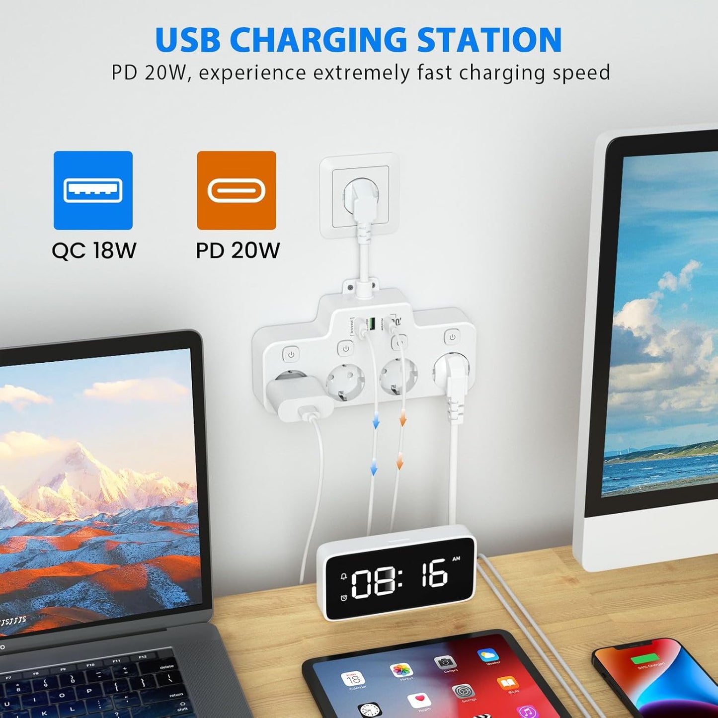 Wandstekkerdoos met 2 USB A en 1 USB C, Draaibaar en Schakelbaar