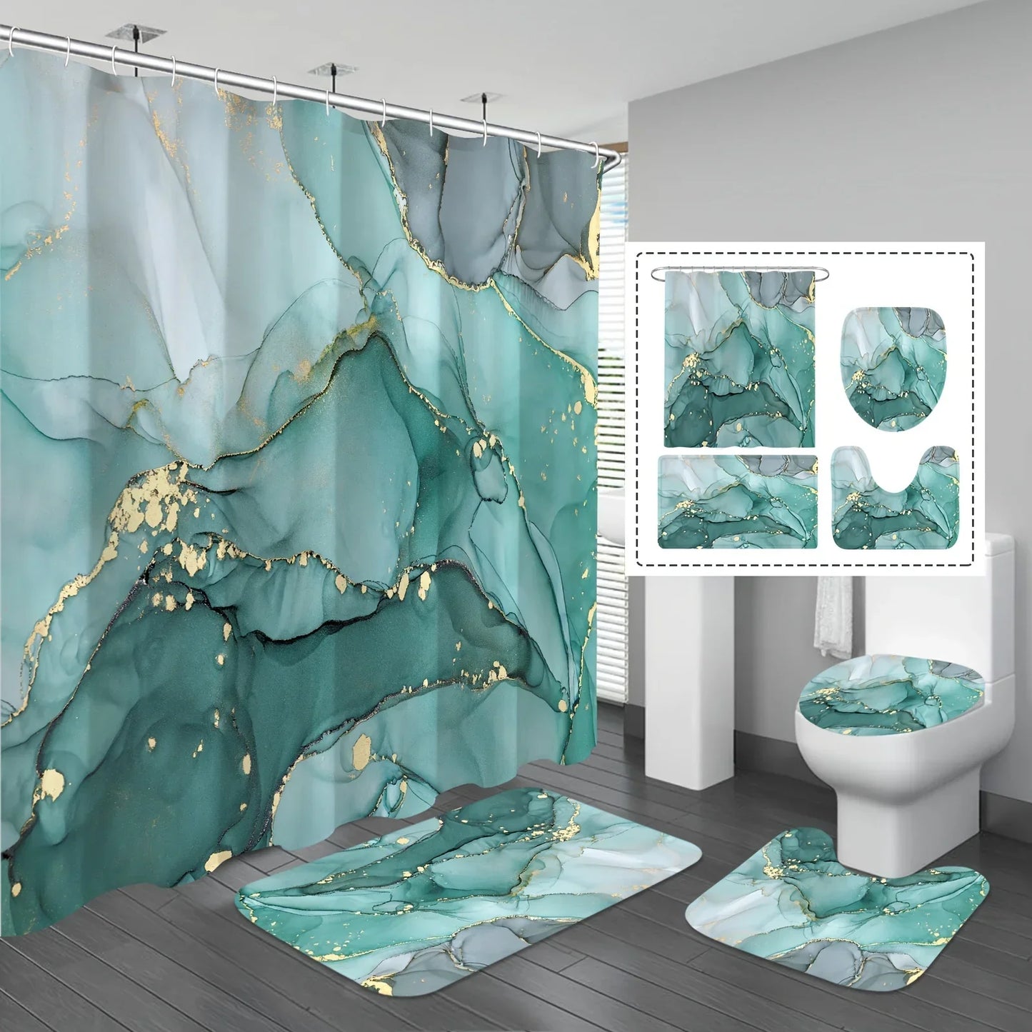 Elegantes Badezimmer-Set im Marmor-Stil mit Duschvorhang, U-förmiger Matte in Blaugrün und Gold 1