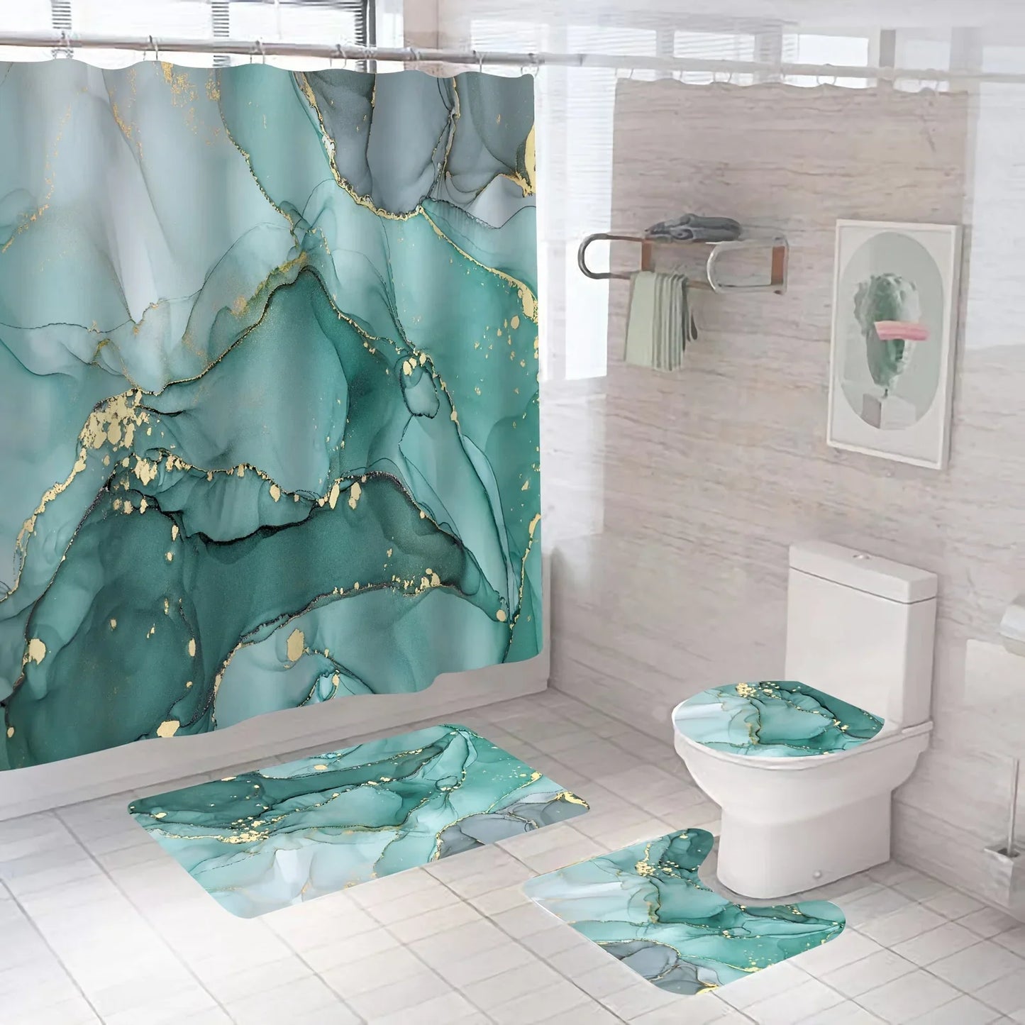Elegantes Badezimmer-Set im Marmor-Stil mit Duschvorhang, U-förmiger Matte in Blaugrün und Gold 4