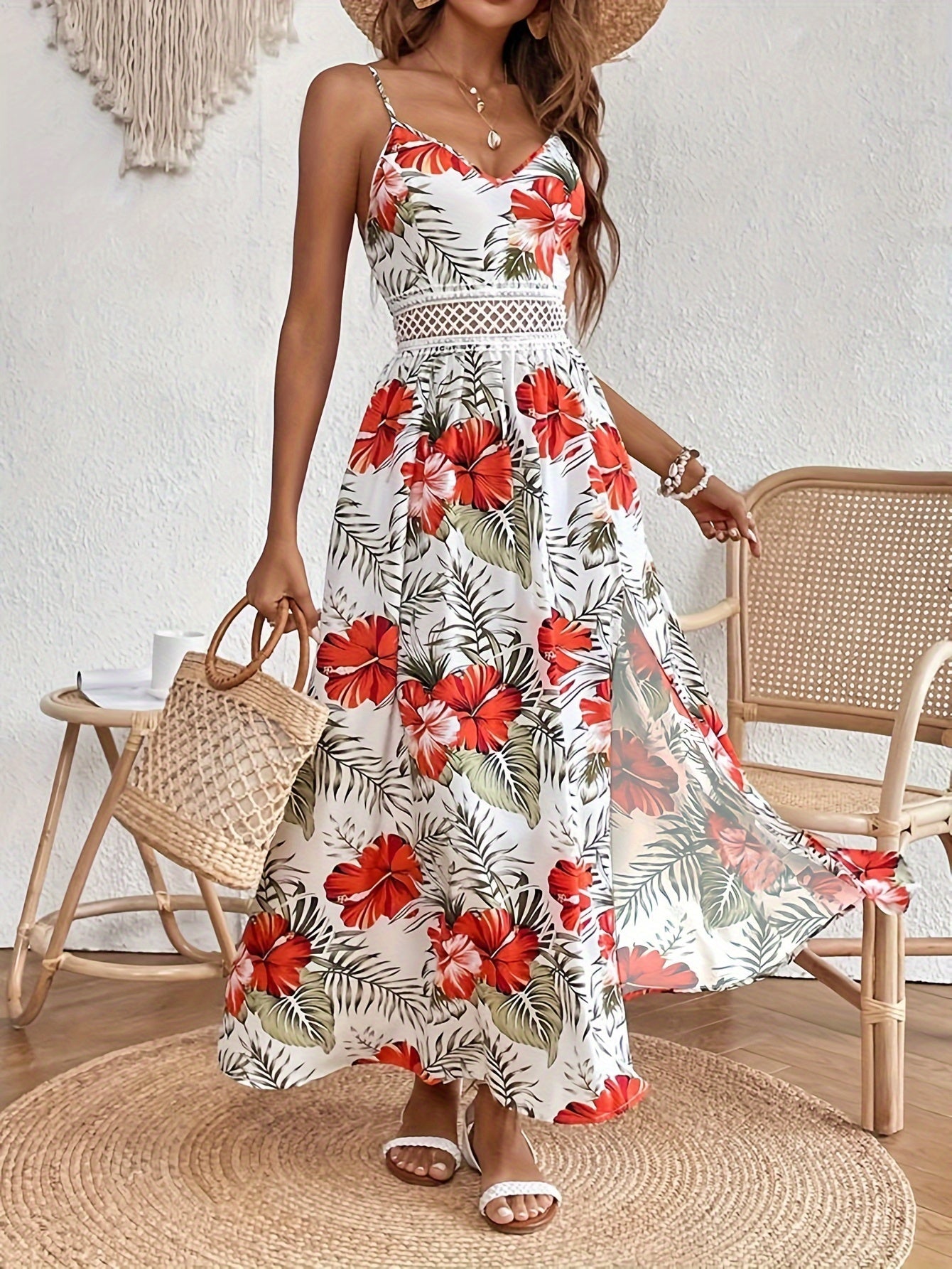 Floramio™ – Dames Zomerjurk met Bloemprint en Verstelbare Spaghetti Dragers-2
