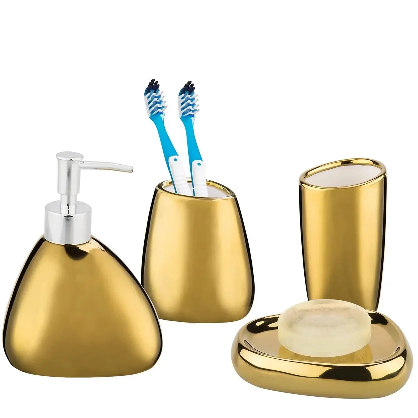 Goldenes Badezimmerzubehör Set – 4-teilig mit Seifenspender und Becher 0
