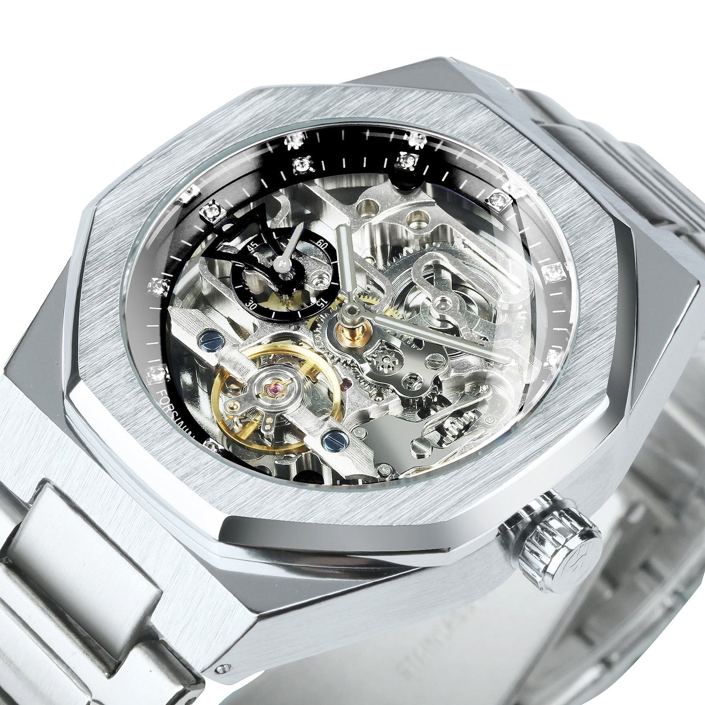 Skeleton Automatisch Horloge Roestvrijstalen Band Opengewerkt Mechanisme