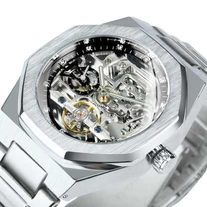 Skeleton Automatisch Horloge Roestvrijstalen Band Opengewerkt Mechanisme