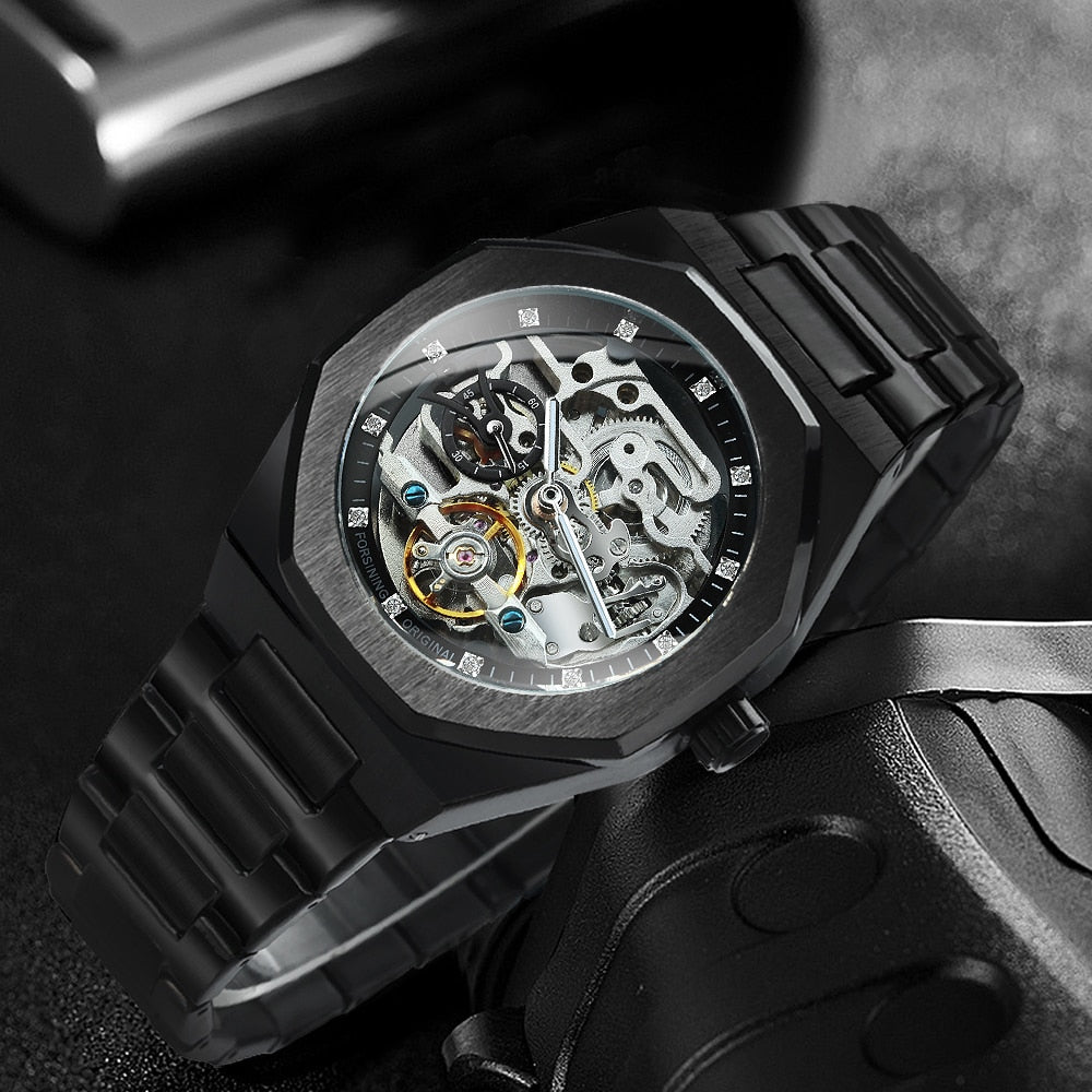 Skeleton Automatisch Horloge Roestvrijstalen Band Opengewerkt Mechanisme