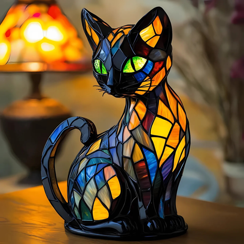 Tafellamp Glas Handgemaakt met Kat Decoratie Sfeerlamp - Velinix