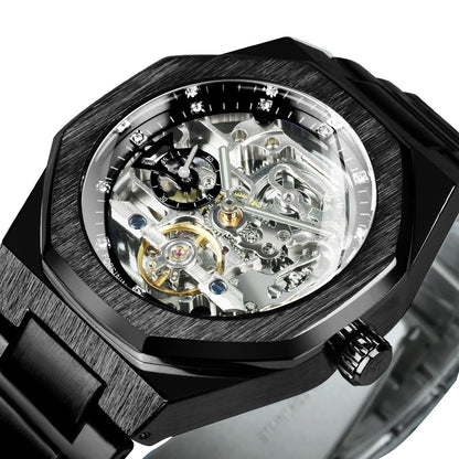 Skeleton Automatisch Horloge Roestvrijstalen Band Opengewerkt Mechanisme