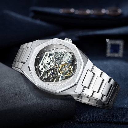 Skeleton Automatisch Horloge Roestvrijstalen Band Opengewerkt Mechanisme