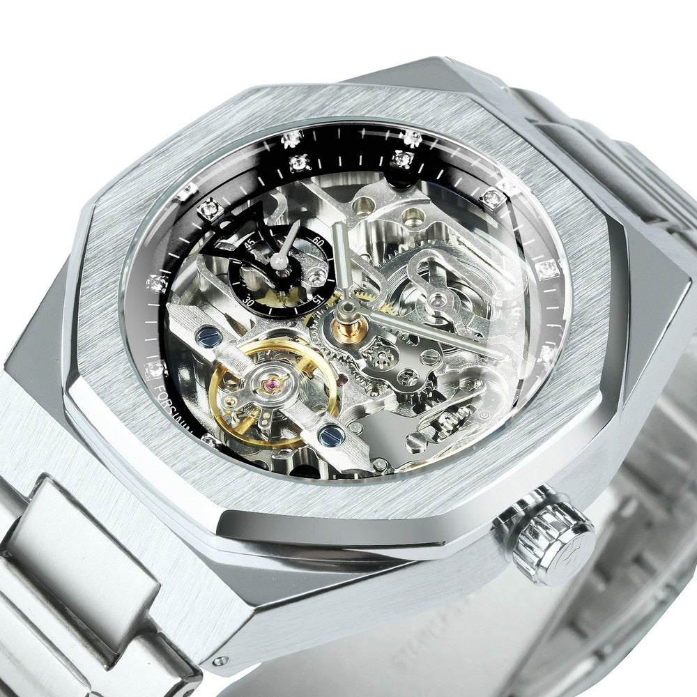 Skeleton Automatisch Horloge Roestvrijstalen Band Opengewerkt Mechanisme