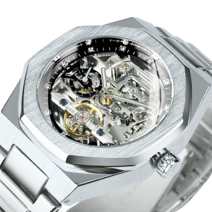 Skeleton Automatisch Horloge Roestvrijstalen Band Opengewerkt Mechanisme