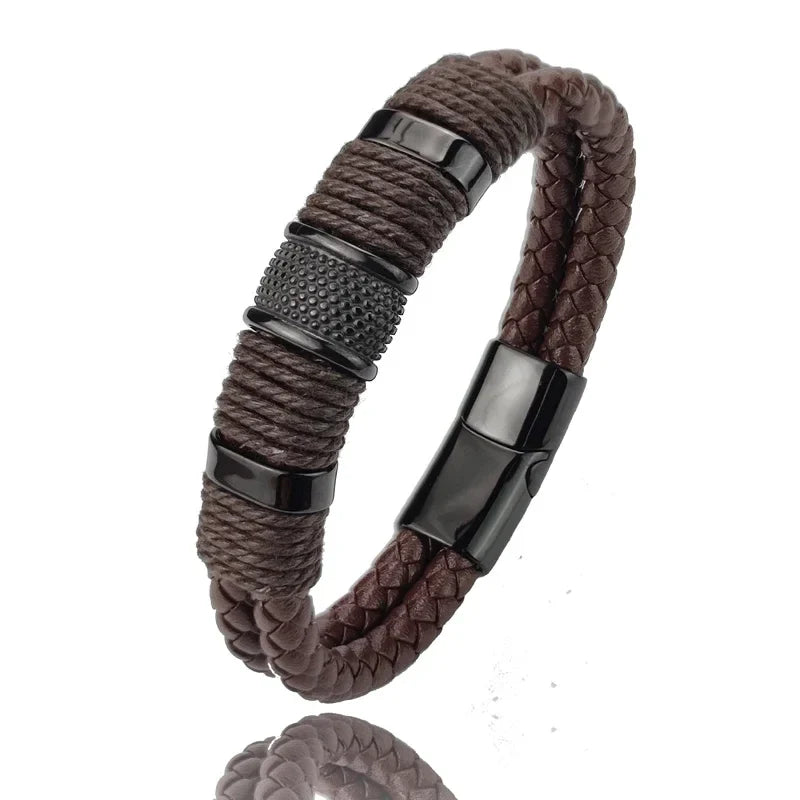 Lederen Herenarmband Bruin met RVS Details Stijlvol en Duurzaam