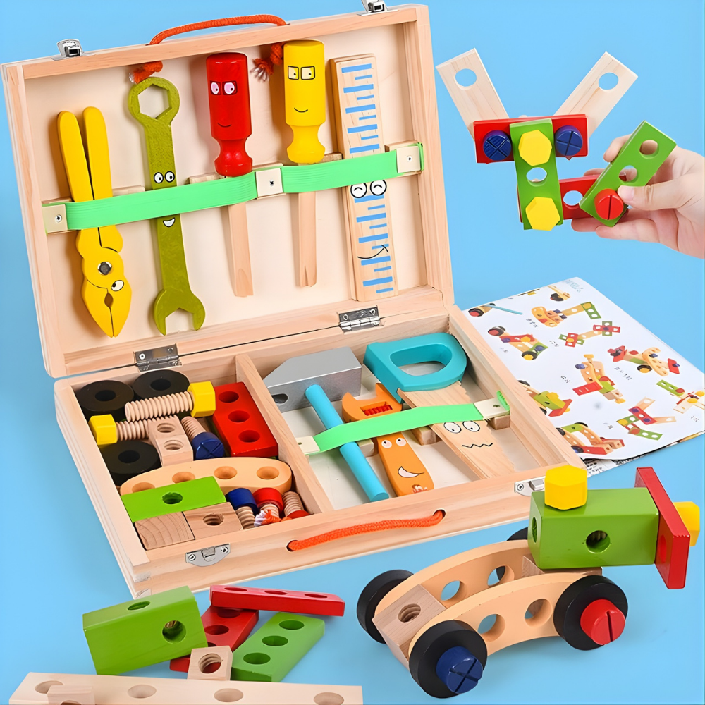 Houten Gereedschapskist Speelgoed Montessori Bouwen en Leer - Velinix