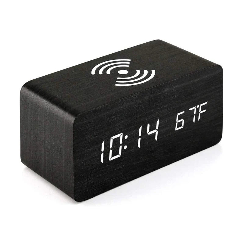 Houten Digitaal Wekkerradio met Draadloos Opladen en 3 Alarmen