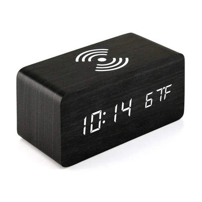 Houten Digitaal Wekkerradio met Draadloos Opladen en 3 Alarmen