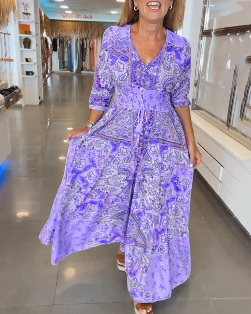 Isalina™ – Dames Maxi Jurk met Luchtige V-Hals en Empire-Taille Koord