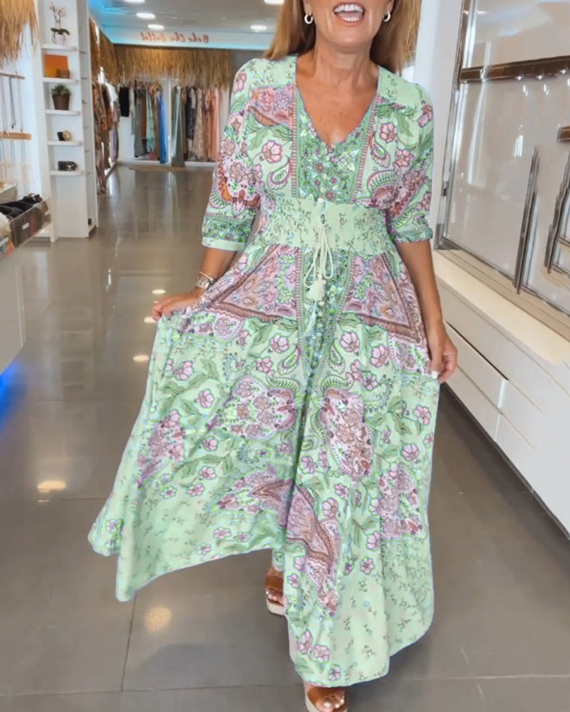 Isalina™ – Dames Maxi Jurk met Luchtige V-Hals en Empire-Taille Koord