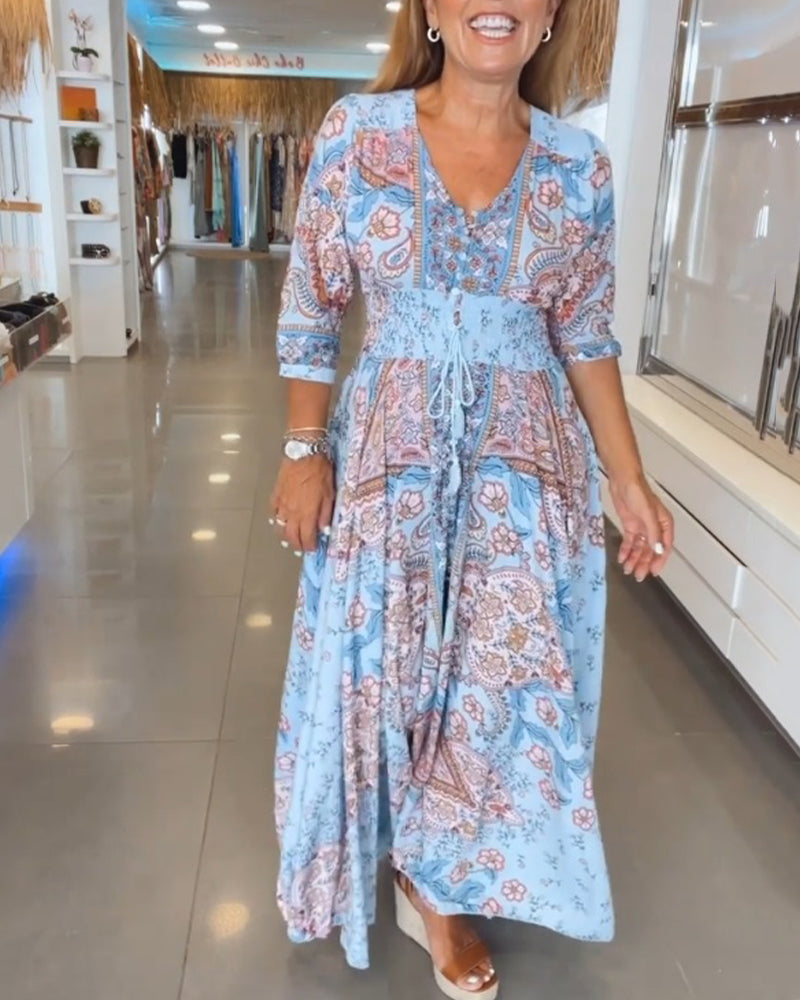Isalina™ – Dames Maxi Jurk met Luchtige V-Hals en Empire-Taille Koord