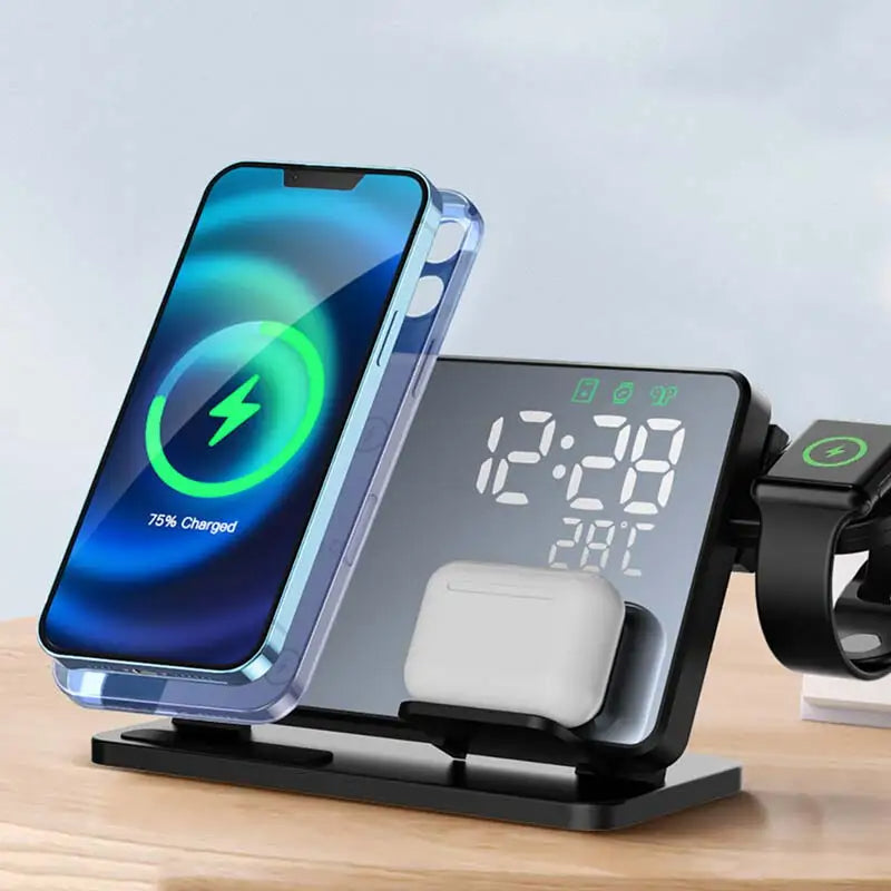Draadloze Snellader voor iPhone, Watch en AirPods met Alarmklok - Velinix