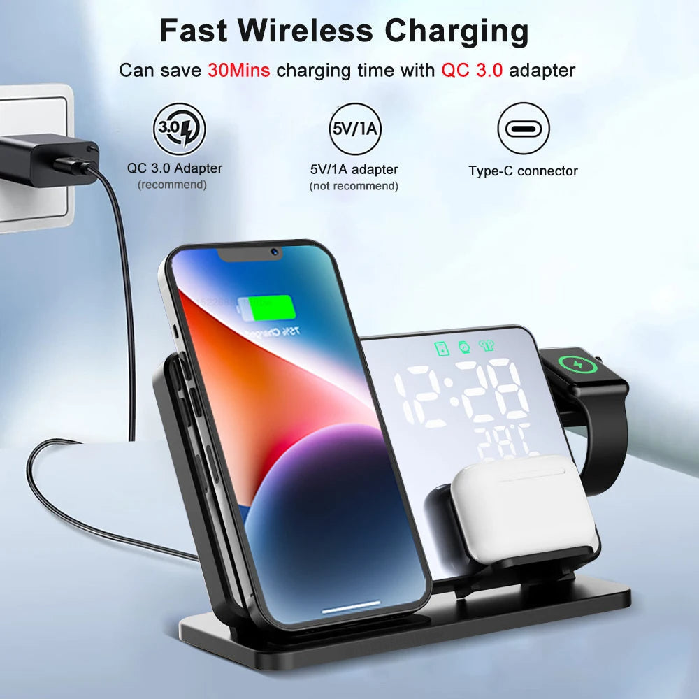 Draadloze Snellader voor iPhone, Watch en AirPods met Alarmklok