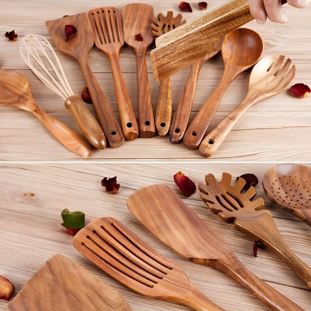 Houten Keukengerei Set met Houder Teakhout