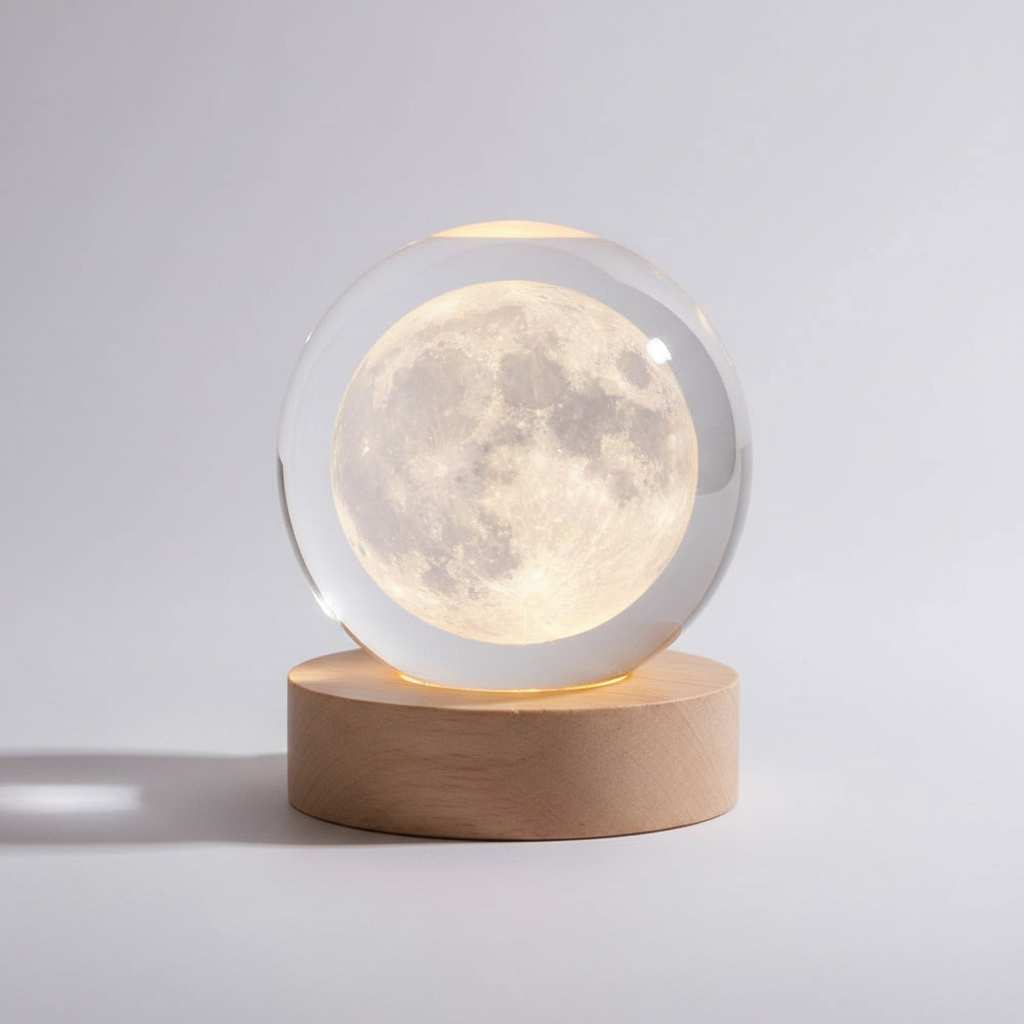 3D Lamp Bolvormig Hout Tafellamp met Warm LED Licht en Planeten Decoratie