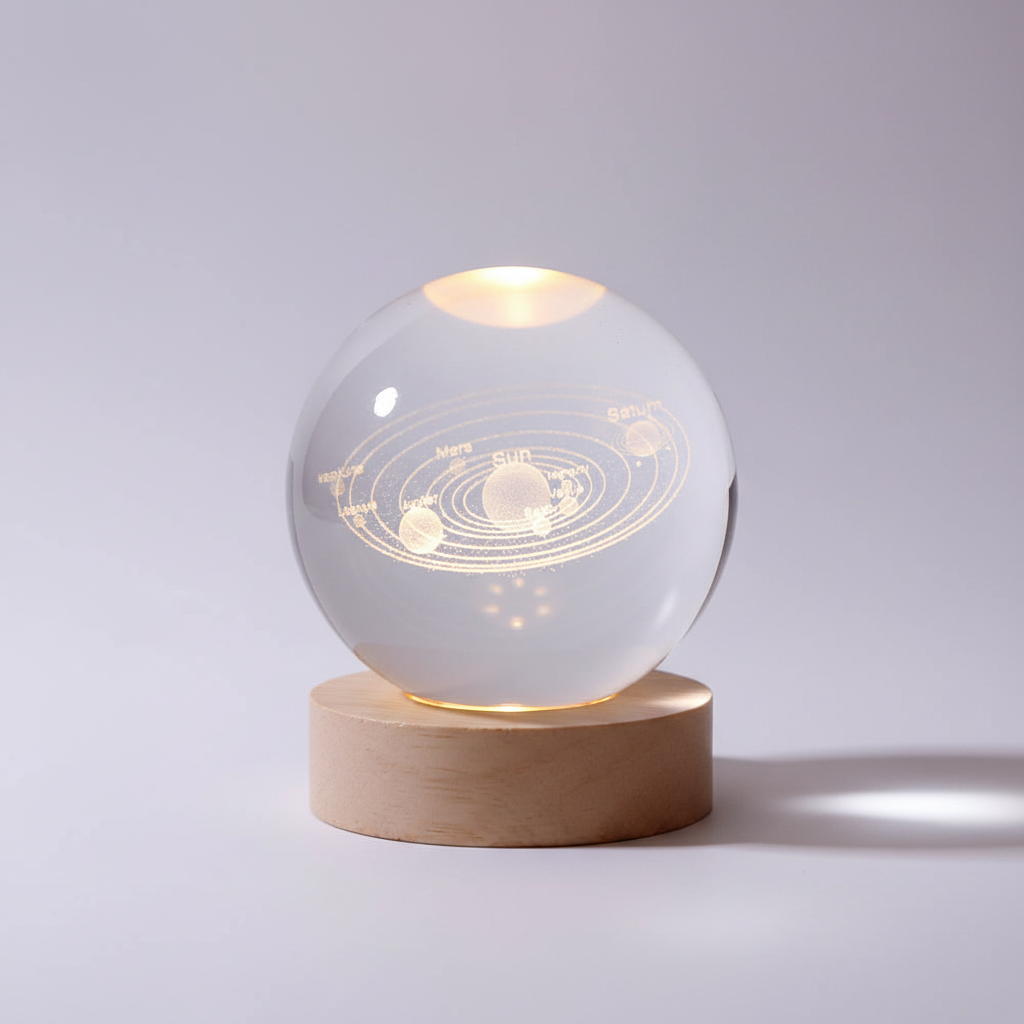 3D Lamp Bolvormig Hout Tafellamp met Warm LED Licht en Planeten Decoratie