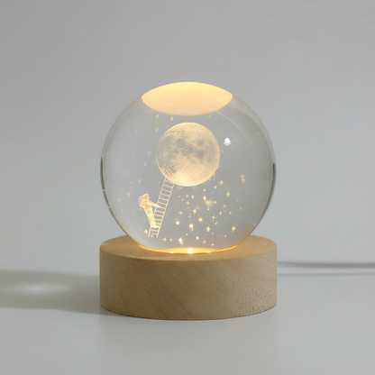 3D Lamp Bolvormig Hout Tafellamp met Warm LED Licht en Planeten Decoratie