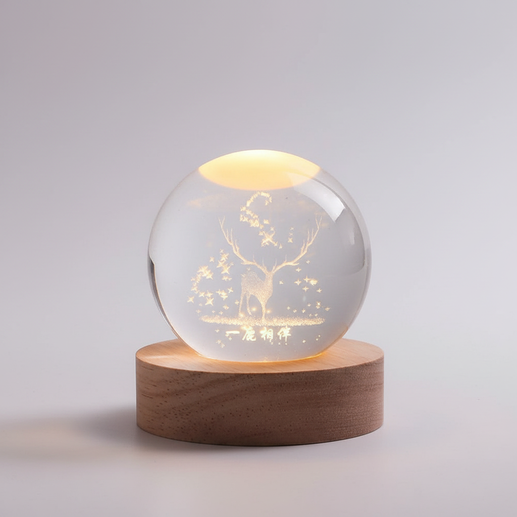 3D Lamp Bolvormig Hout Tafellamp met Warm LED Licht en Planeten Decoratie