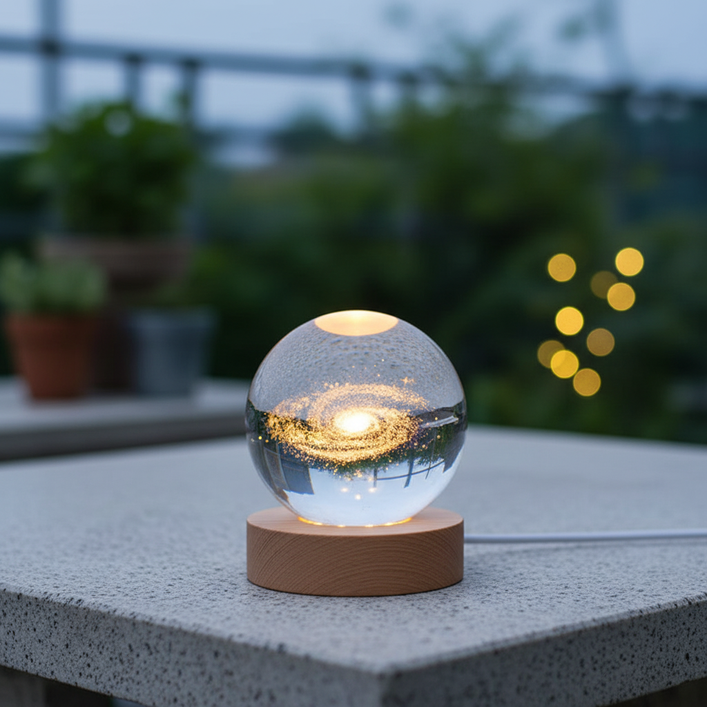 3D Lamp Bolvormig Hout Tafellamp met Warm LED Licht en Planeten Decoratie - Velinix